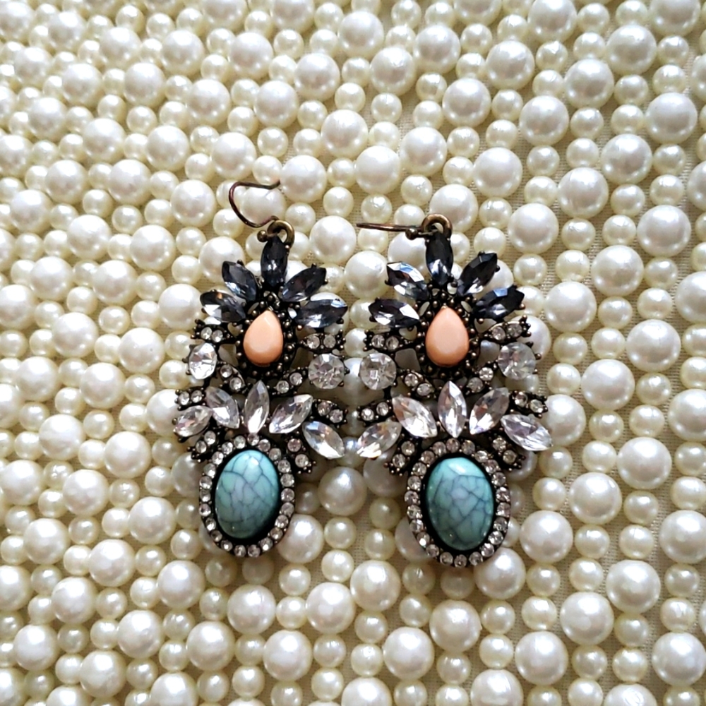 Bold Statement Earrings (pink and turquoise, with jewels)